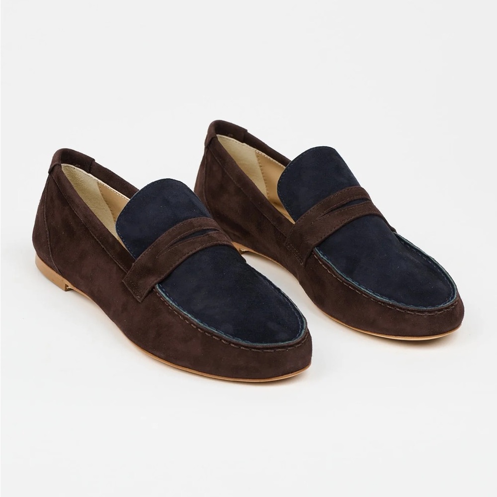 Brand New Jamie Haller Suede Espresso & Navy Penny Loafer (Size 35)